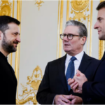 Zelenskyy, Macron, and Starmer at Elysee Palace, March 2025.