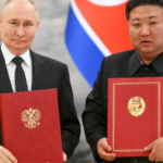 Vladimir Putin and Kim Jong-un at a partnership signing ceremony in North Korea