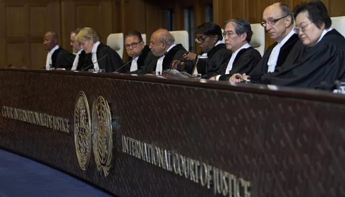Judges at the International Court of Justice seated during proceedings on Gaza humanitarian aid obligations in The Hague.