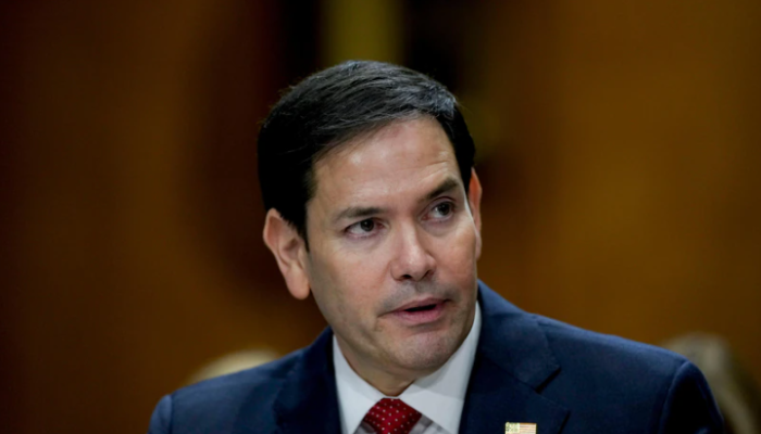 Marco Rubio speaking at a press conference about U.S. foreign policy changes.