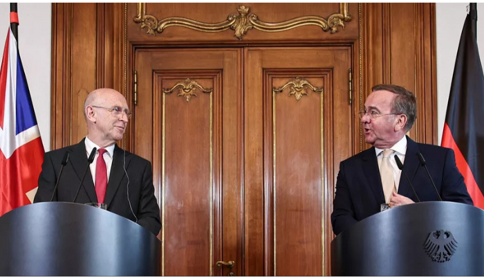 German Defence Minister Boris Pistorius and UK Defence Secretary John Healey speak at a joint press conference in Berlin