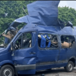 Destroyed civilian minibus following Russian drone strike in Bilopillia, Sumy region, Ukraine – May 17, 2025.