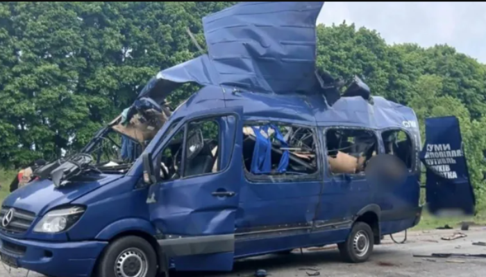 Destroyed civilian minibus following Russian drone strike in Bilopillia, Sumy region, Ukraine 