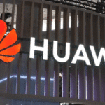 European Commission building in Brussels with Huawei and ZTE logos symbolizing the EU’s proposed ban on Chinese telecom companies.