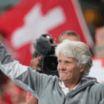Pia Sundhage celebrating with the Switzerland women’s football team after their Euro 2025 quarterfinal victory.