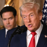 US Secretary of State Marco Rubio standing with President Donald Trump at Mar-a-Lago during a public appearance in December 2025.