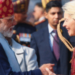 Prime Minister Narendra Modi and European Commission President Ursula von der Leyen at the India–EU Summit in New Delhi announcing the conclusion of the Free Trade Agreement