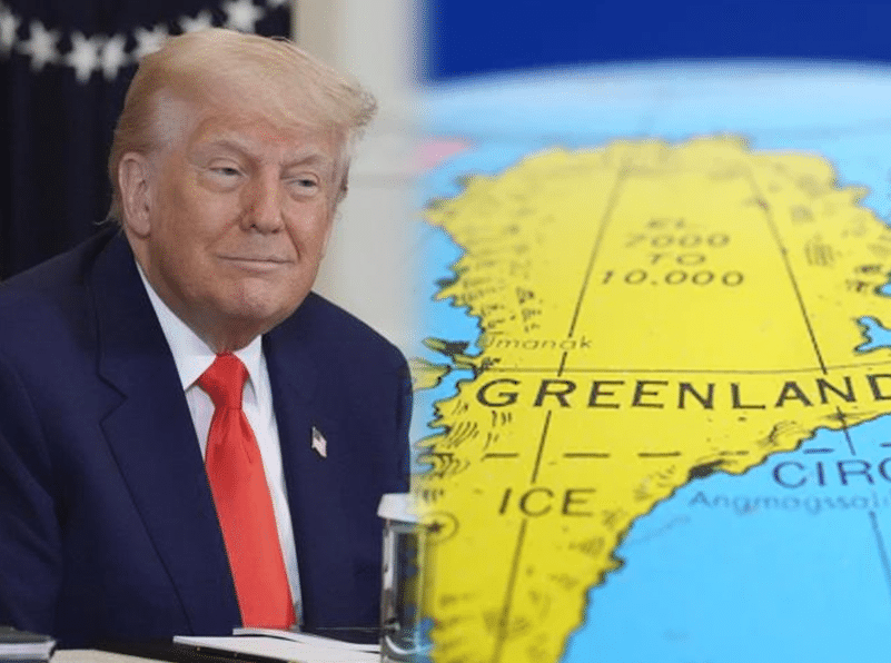 A map of Greenland showing Pituffik Space Base in northwest Greenland, major Arctic shipping routes including the Transpolar Sea Route, and surrounding nations. The image highlights Greenland’s strategic location between North America and Europe and its importance in U.S. Arctic defense and resource strategy.