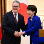 UK Prime Minister Keir Starmer and Japanese Prime Minister Sanae Takaichi shaking hands during a diplomatic meeting in Tokyo, symbolizing strengthened UK-Japan relations.